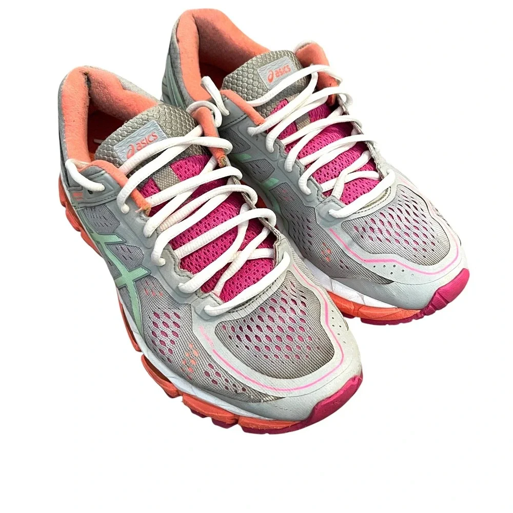Asics Womens Grey Gel Kayano 22 Size 9 Running Shoes T597N Pink Orange Athletic